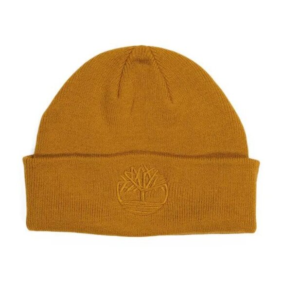 Timberland Wheat Knit Beanie Rib Cuff Embroidered Crest Logo Thermal Winter NWT - Picture 2 of 3